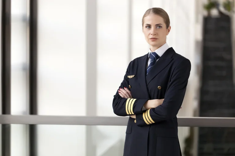 A woman dressed in a pilot uniform